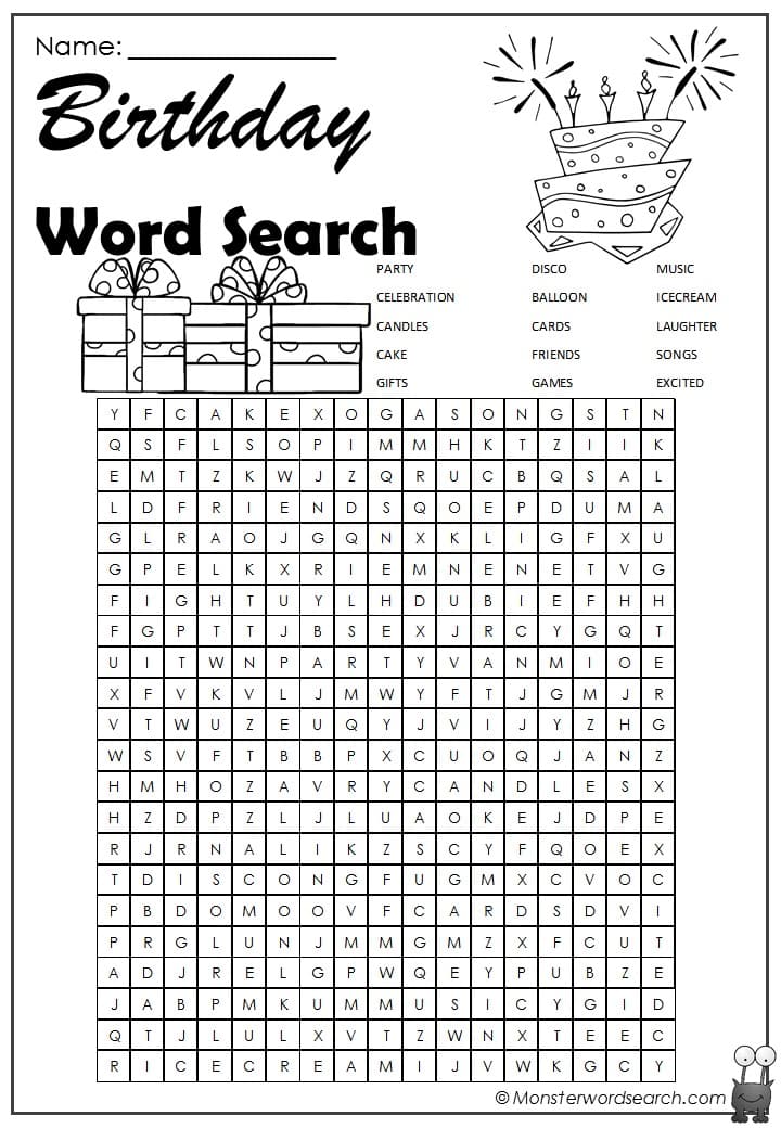 Birthday Word Search Monster Word Search