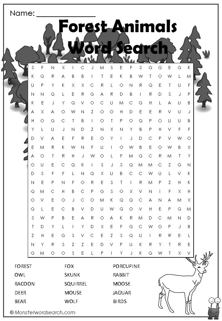 Forest Animals Word Search- Monster Word Search