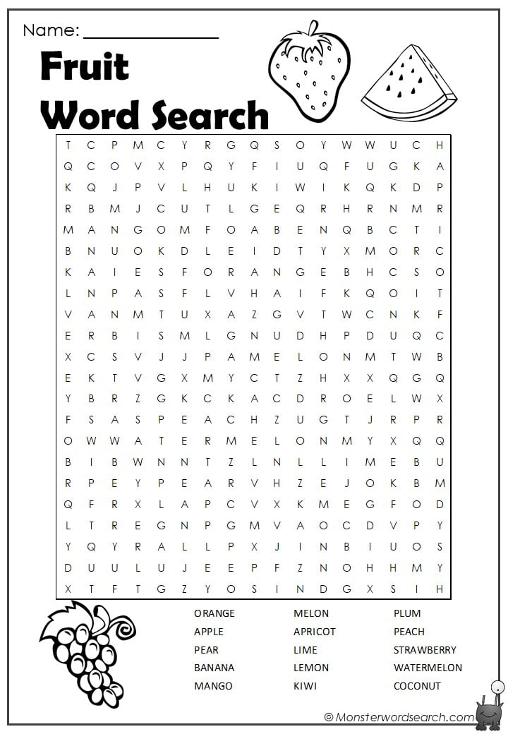 Fruits Word Search Monster Word Search