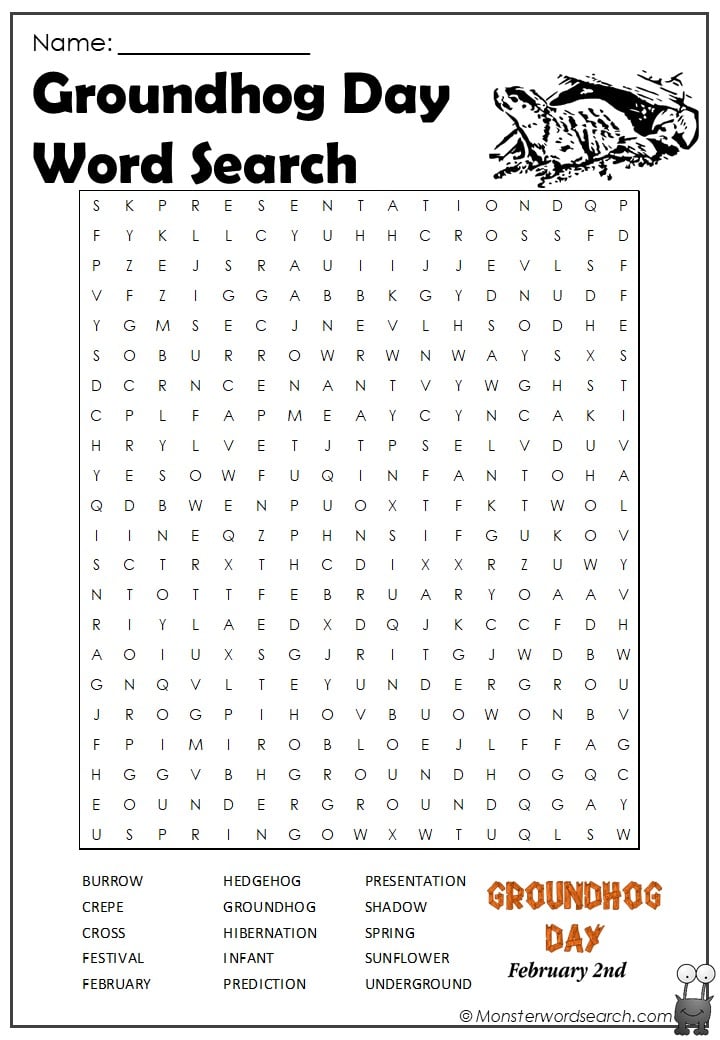 Groundhog Day Word search- Monster Word Search