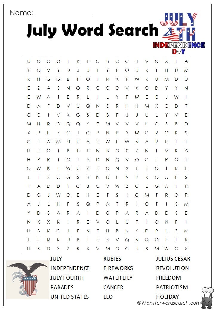 July Word Search Monster Word Search