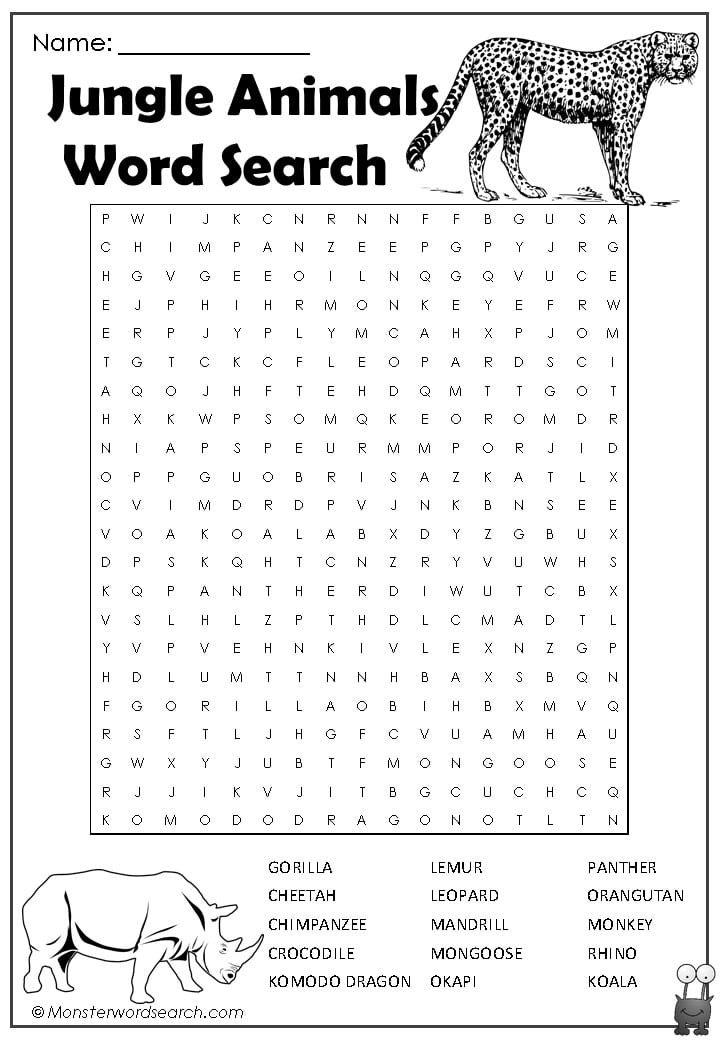 Jungle Animals Word Search- Monster Word Search