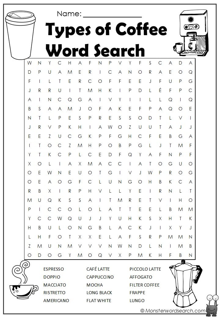 Types Of Coffee Word Search Monster Word Search