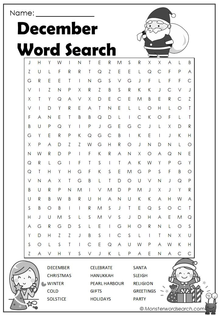 December Word Search Monster Word Search