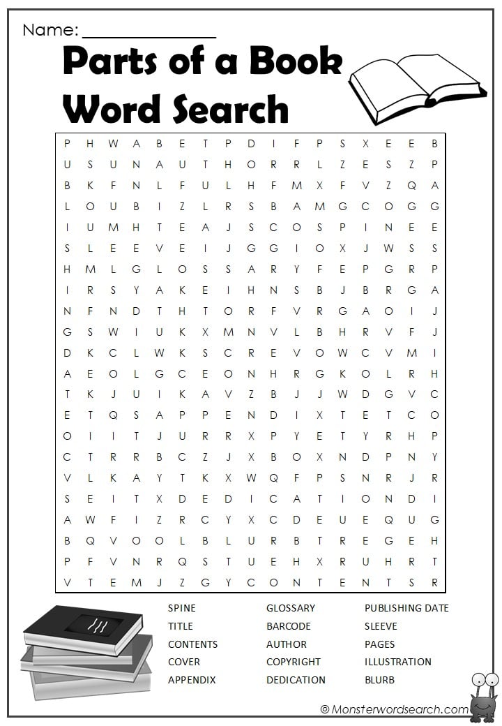 Parts Of A Book Word Search Monster Word Search