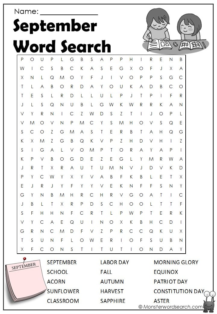 September Word Search Monster Word Search