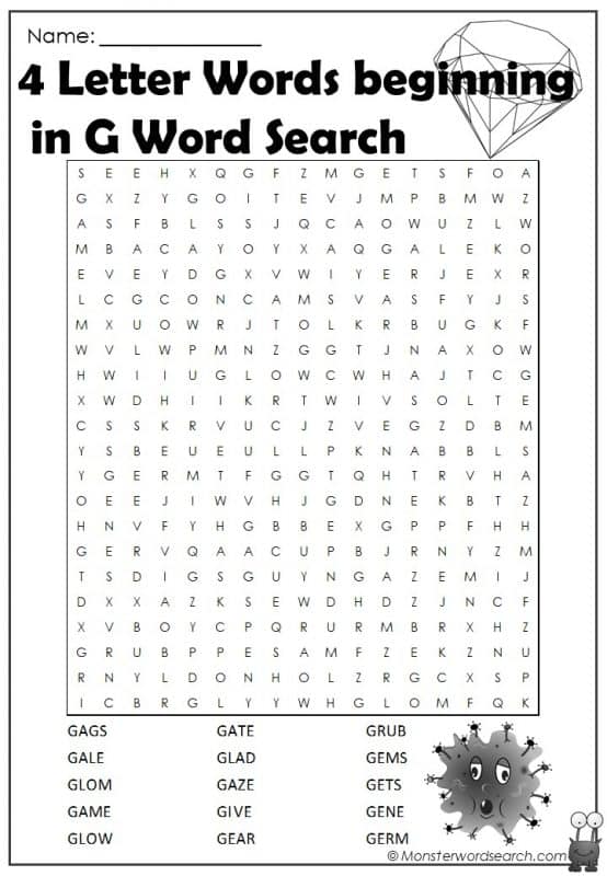 4 Letter Words beginning in G Word Search