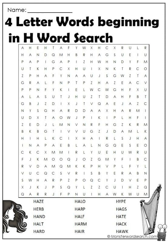 4 Letter Words beginning in H Word Search