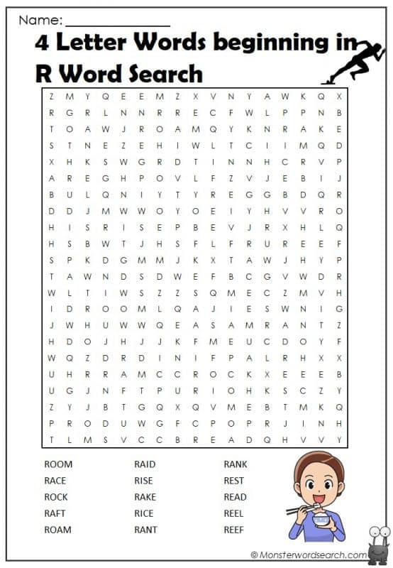 4 Letter Words beginning in R Word Search