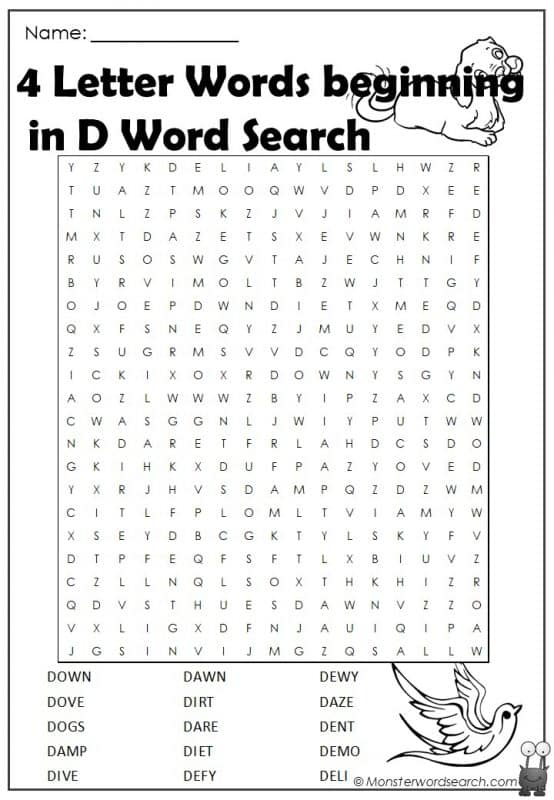 4 Letter Words beginning in D Word Search