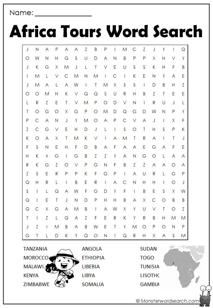 Africa Tours Word Search - Monster Word Search