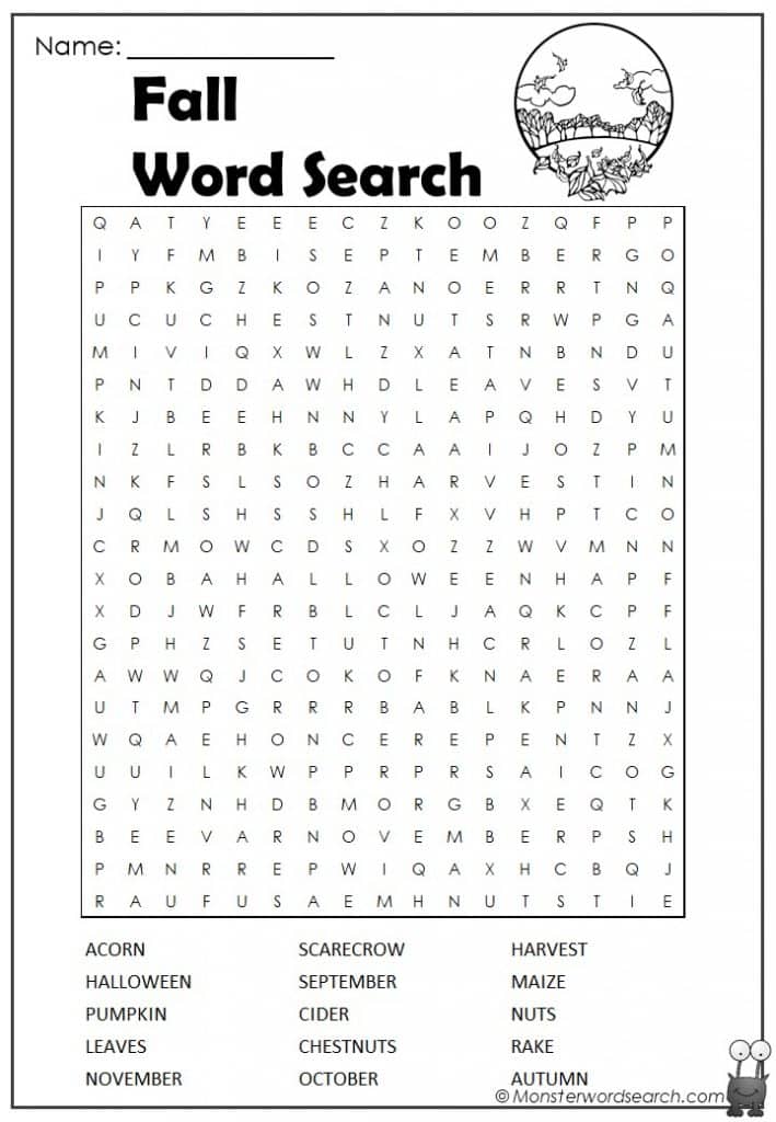 fall Word Search Monster Word Search