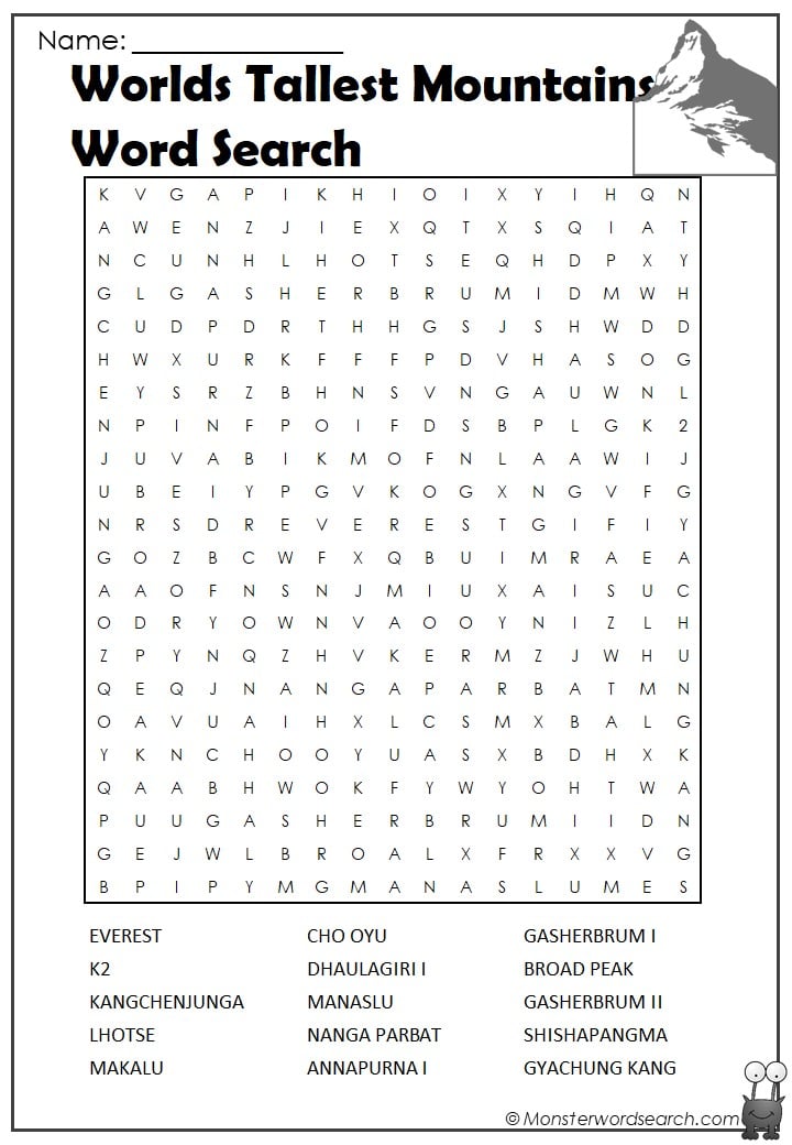 Worlds Tallest Mountains Word Search   Worlds Tallest Mountains Word Search 