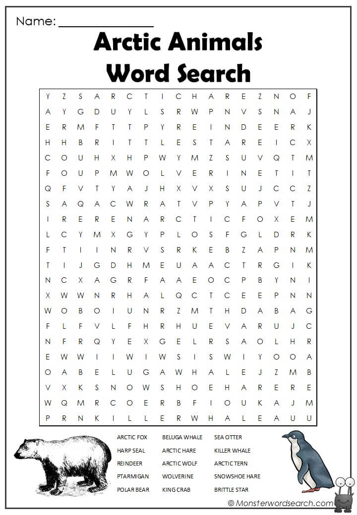 Arctic animals Word Search- Monster Word Search