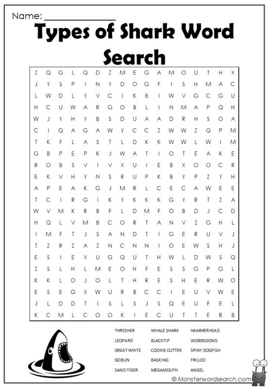 Types of Shark Word Search
