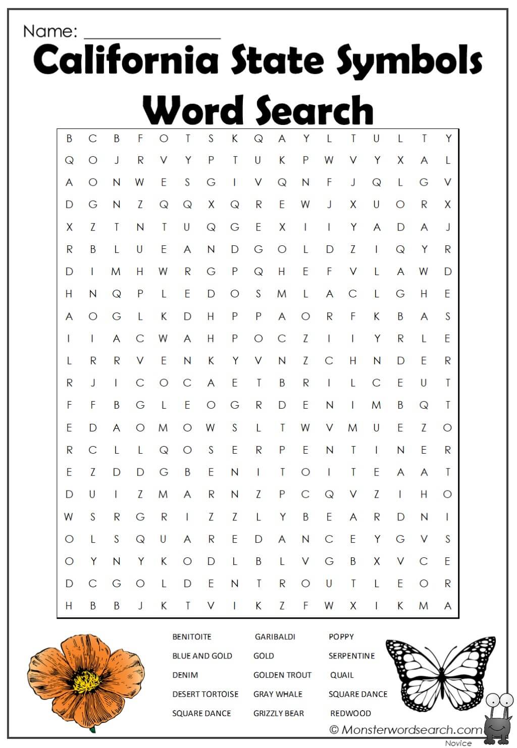 california state symbols word search monster word search