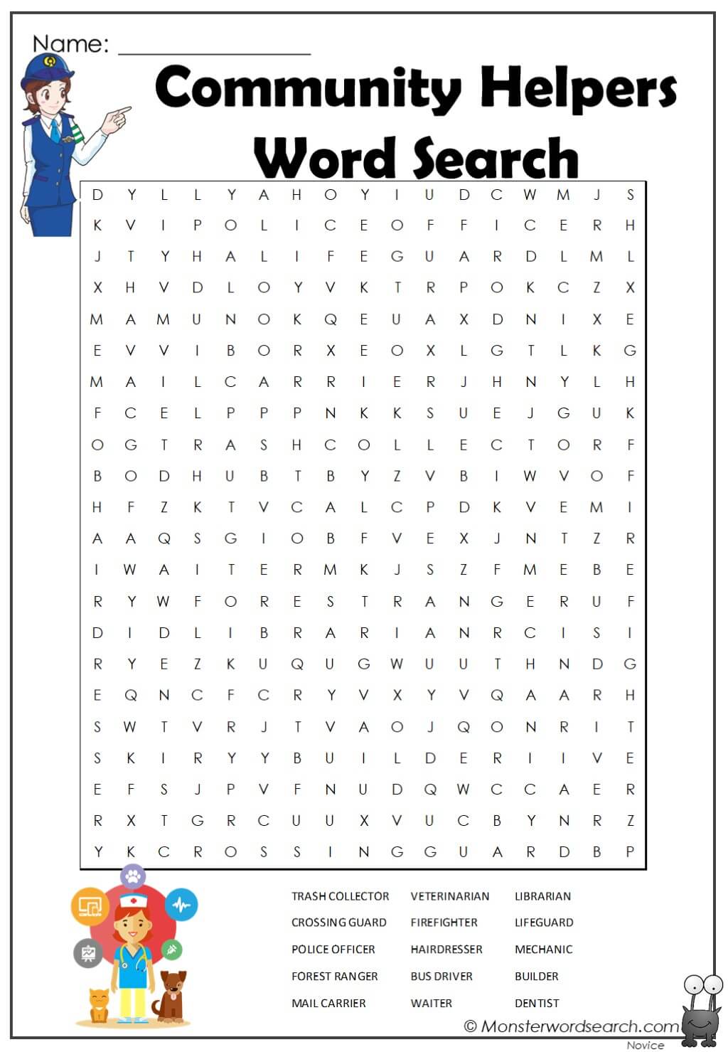 Community Helpers Word Search Monster Word Search