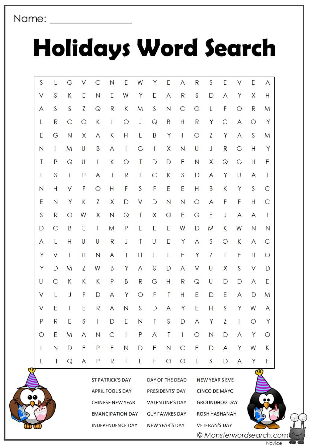 Holidays Word Search Monster Word Search