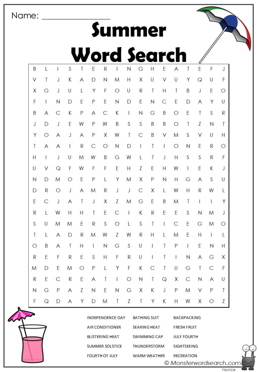 Summer Word Search Monster Word Search