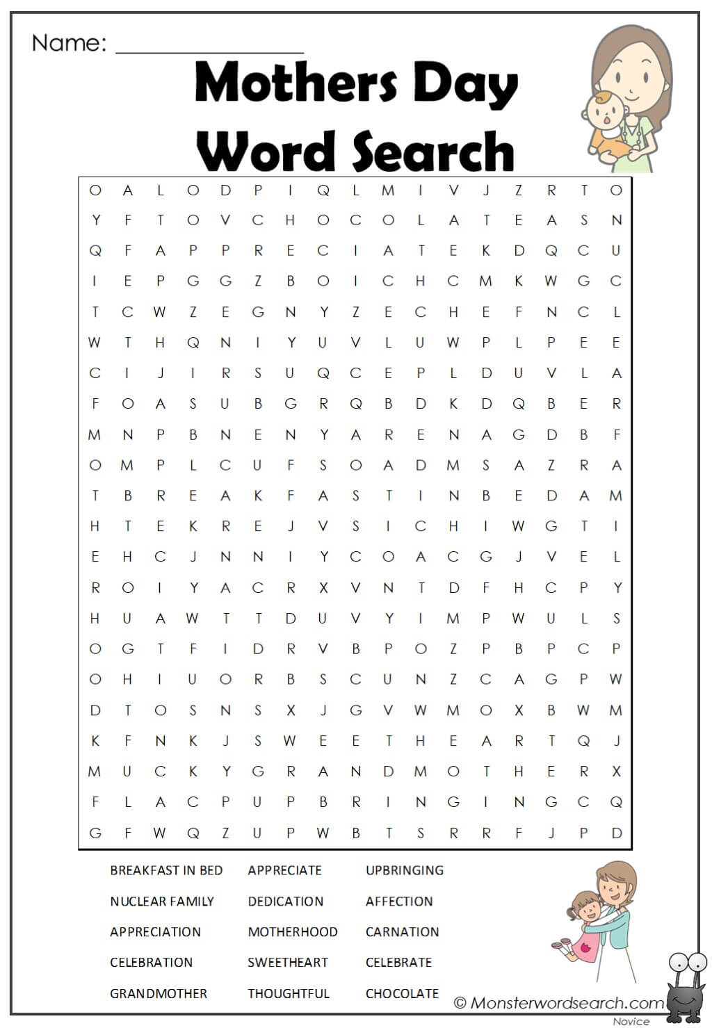 Mothers Day Word Search- Monster Word Search