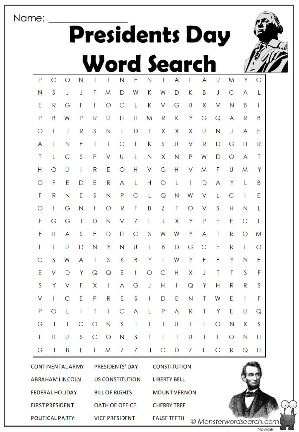 Presidents Day Word Search- Monster Word Search