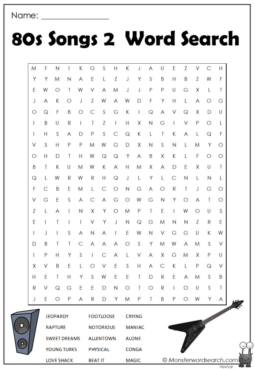 80s songs 2 word search monster word search