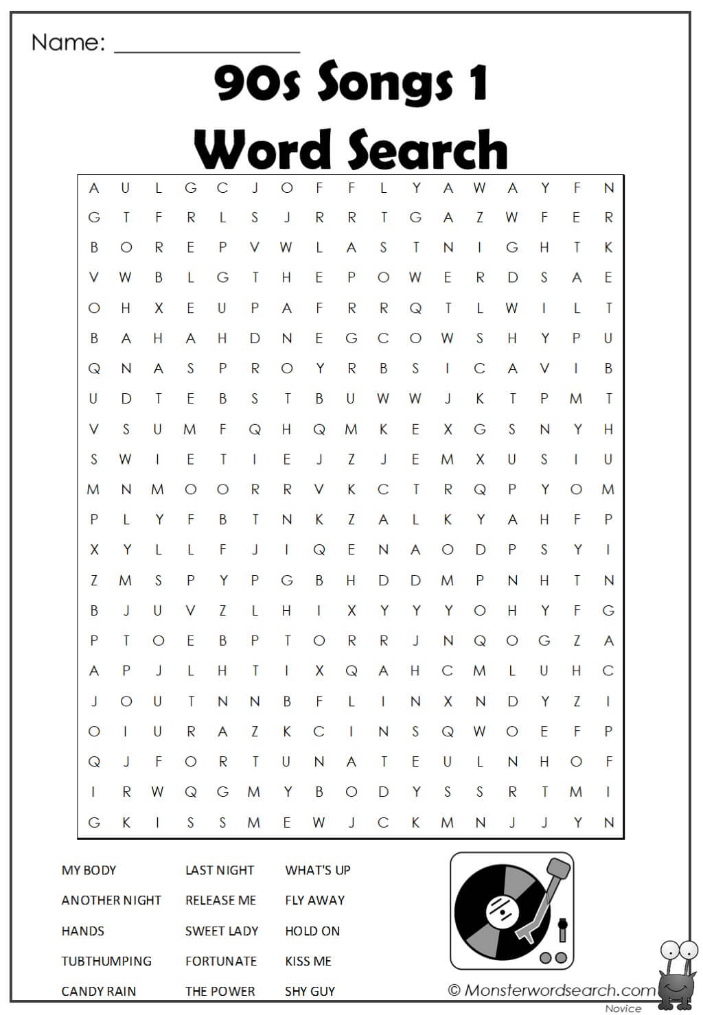 90s songs 1 word search