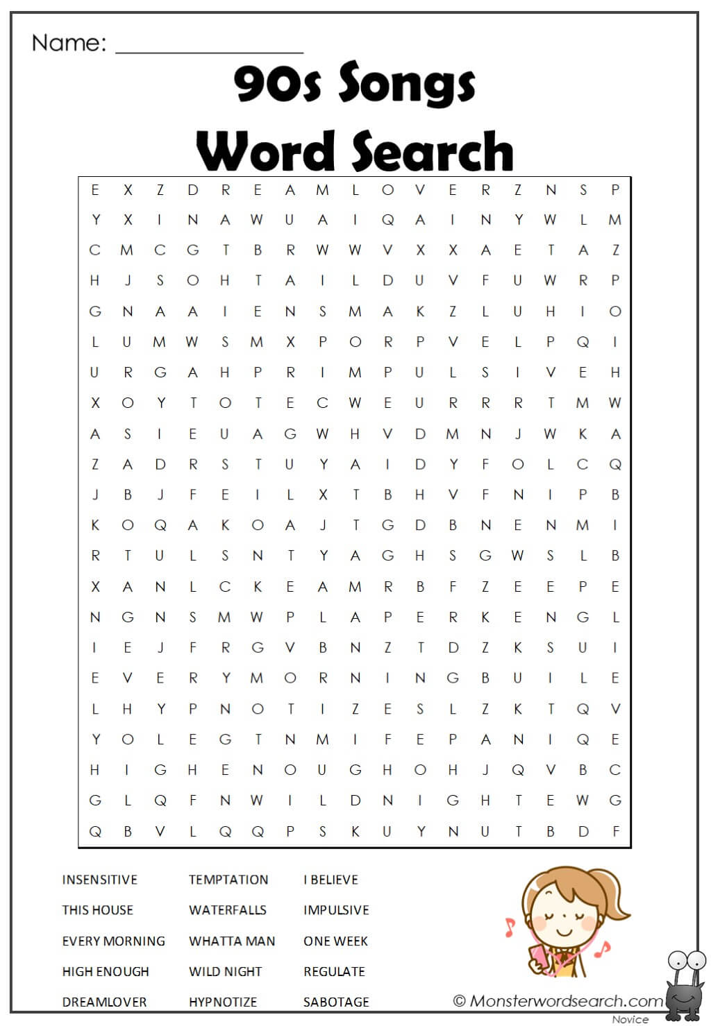 90s Songs Word Search