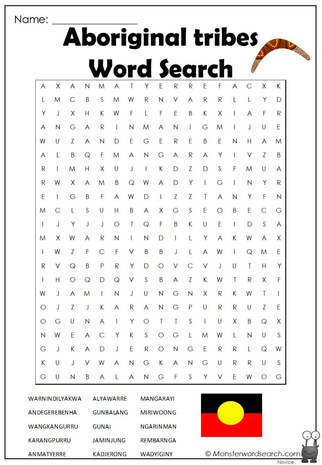 Aboriginal Tribes Word Search Monster Word Search   Aboriginal Tribes Word Search 1 