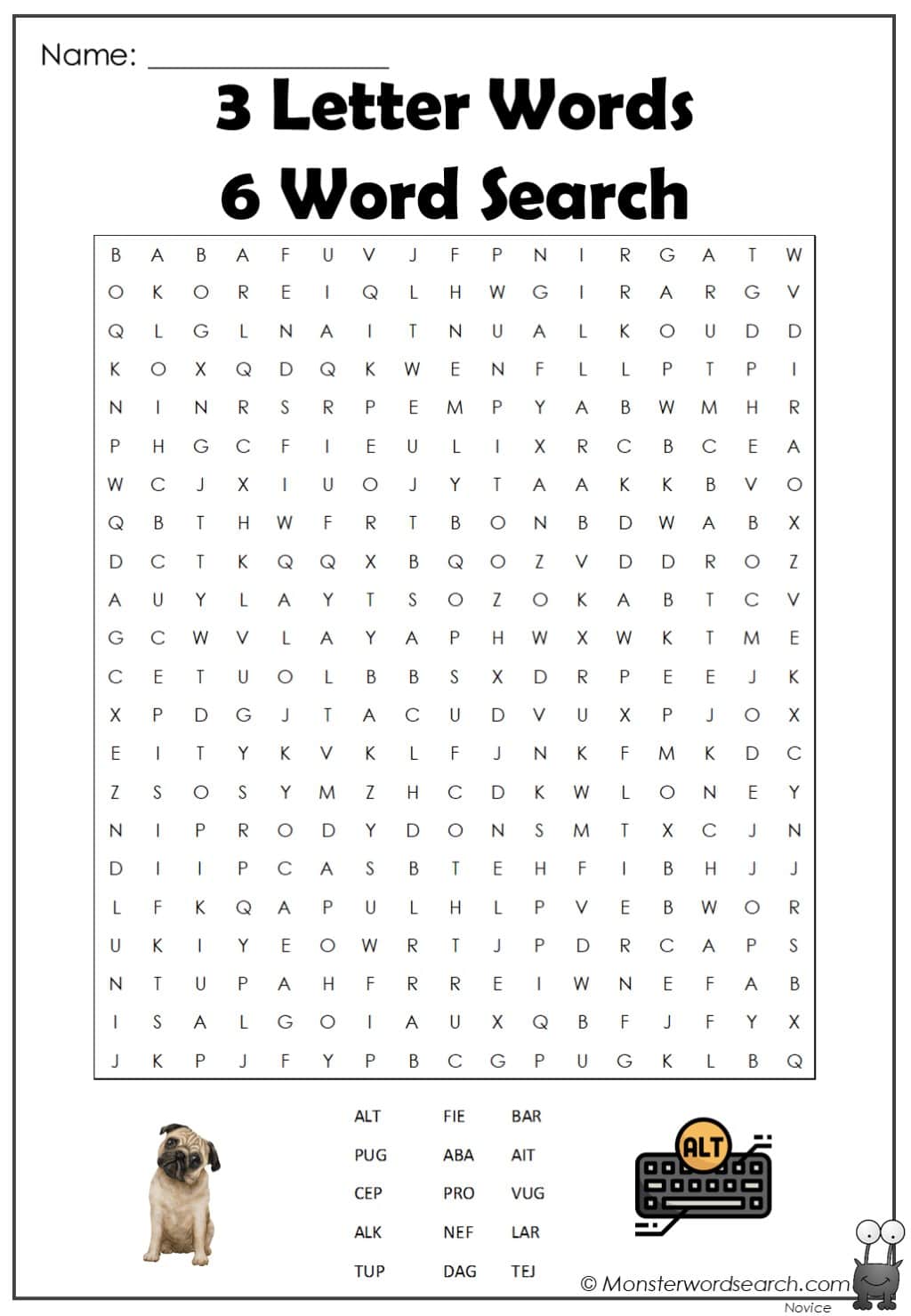3 Letter Words 6 Word Search- Monster Word Search