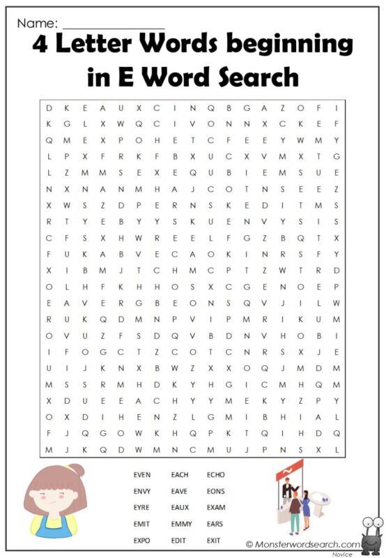 4 Letter Words beginning in E Word Search