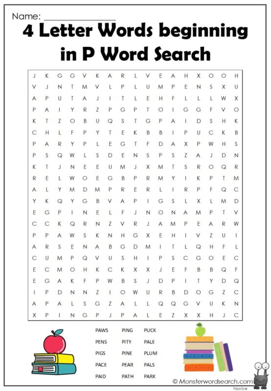 4 Letter Words beginning in P Word Search
