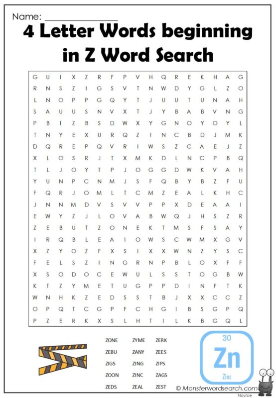 4 Letter Words beginning in Z Word Search