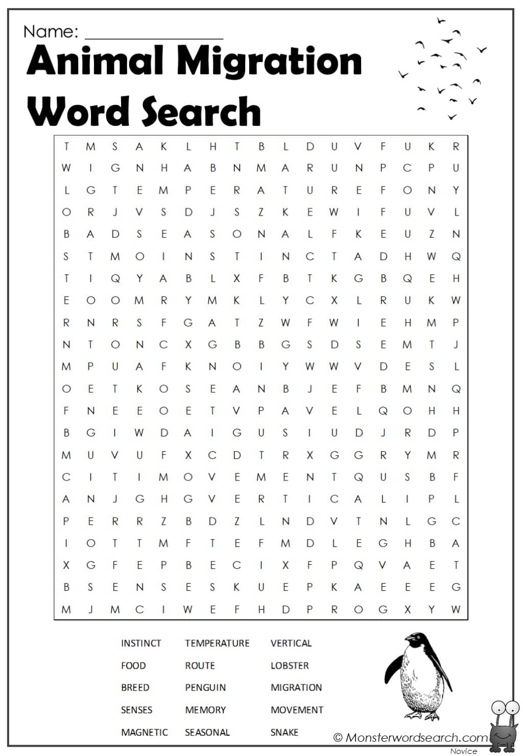 Animal Migration Word Search- Monster Word Search