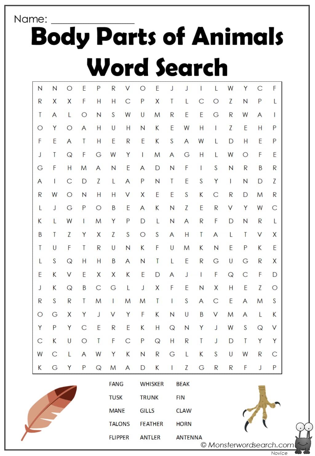 Body Parts of Animals Word Search- Monster Word Search