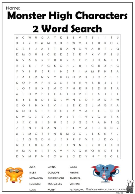 Monster High Characters 2 Word Search