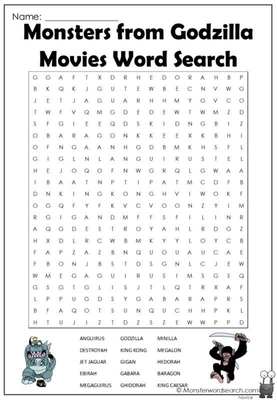 Monsters from Godzilla Movies Word Search