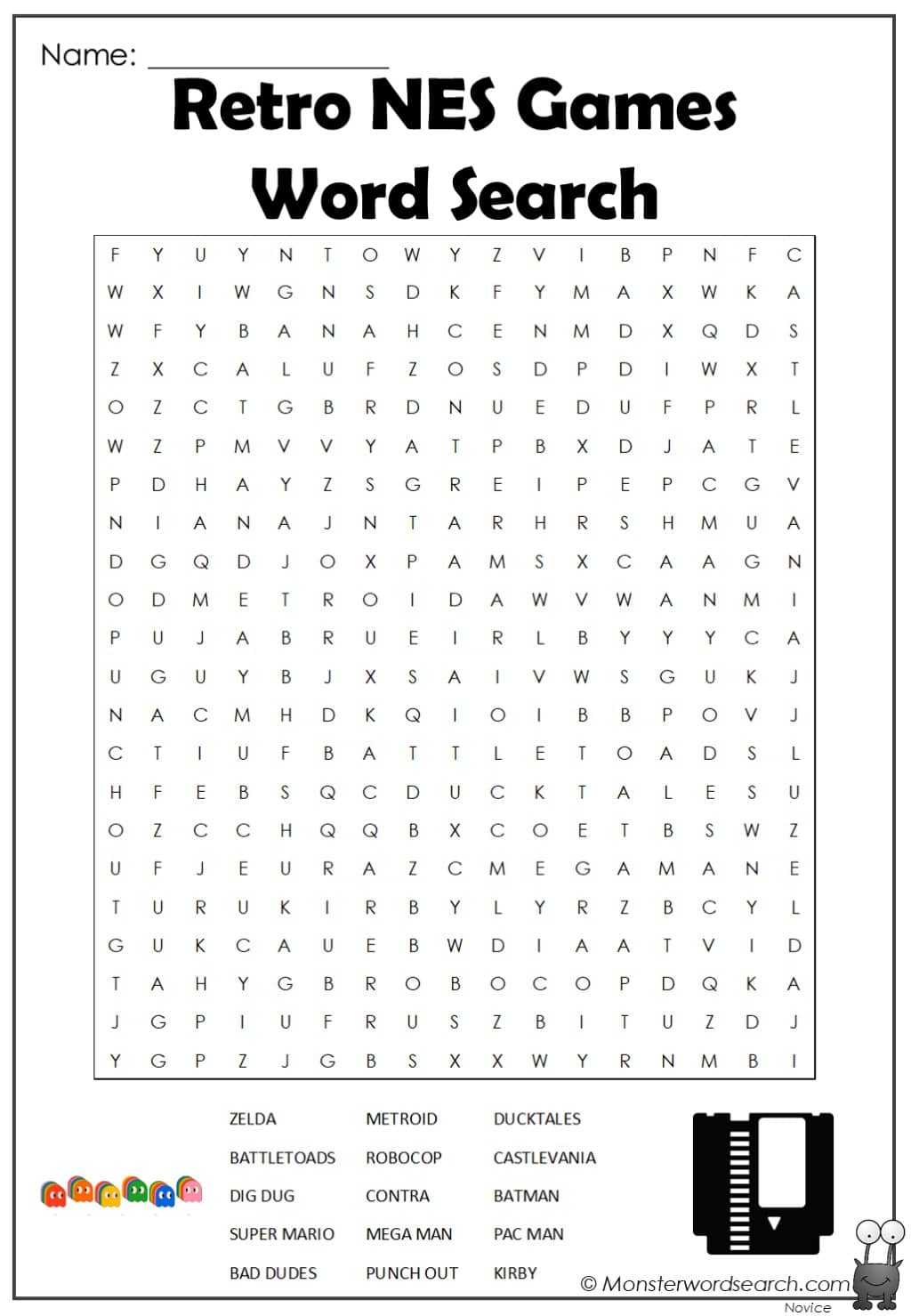 retro nes games word search - Monster Word Search