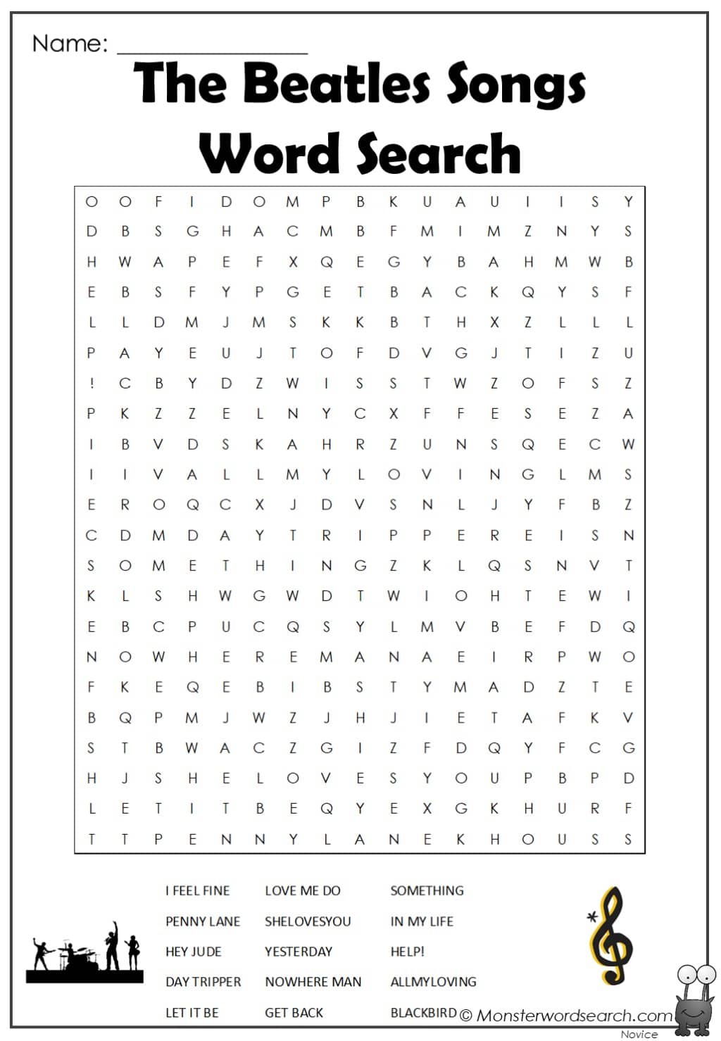 Beatles' Songs Printable Word Search Puzzle