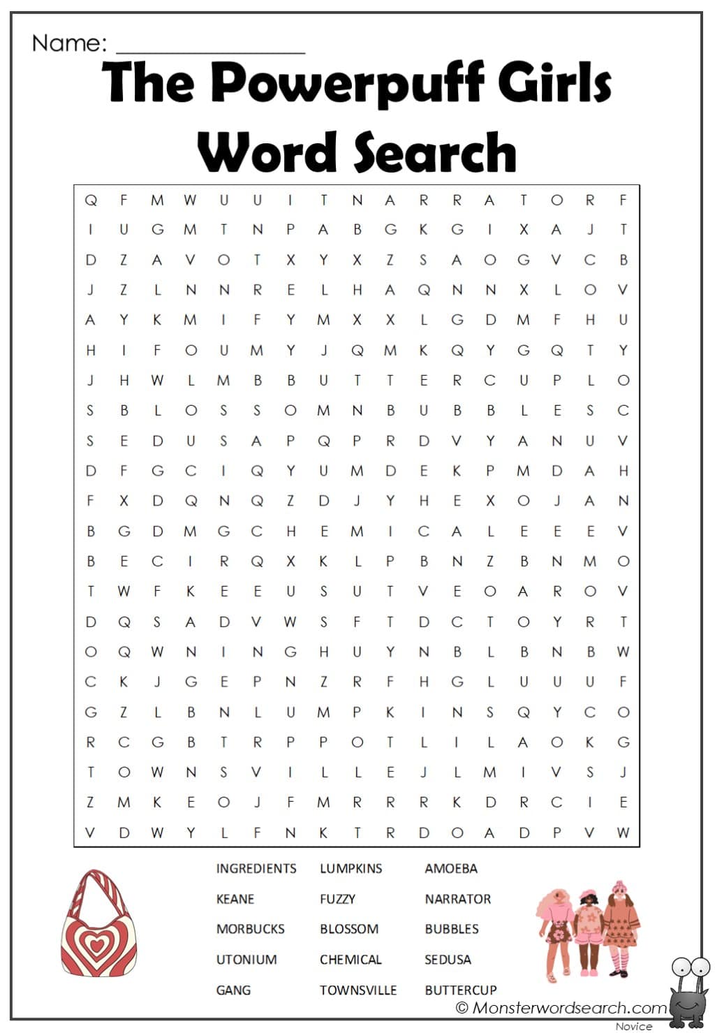 the powerpuff girls word search Monster Word Search