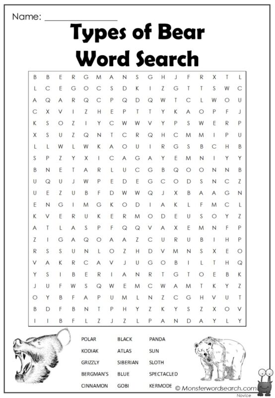 Types of Bear Word Search