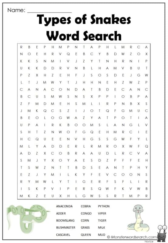 Types of Snakes Word Search