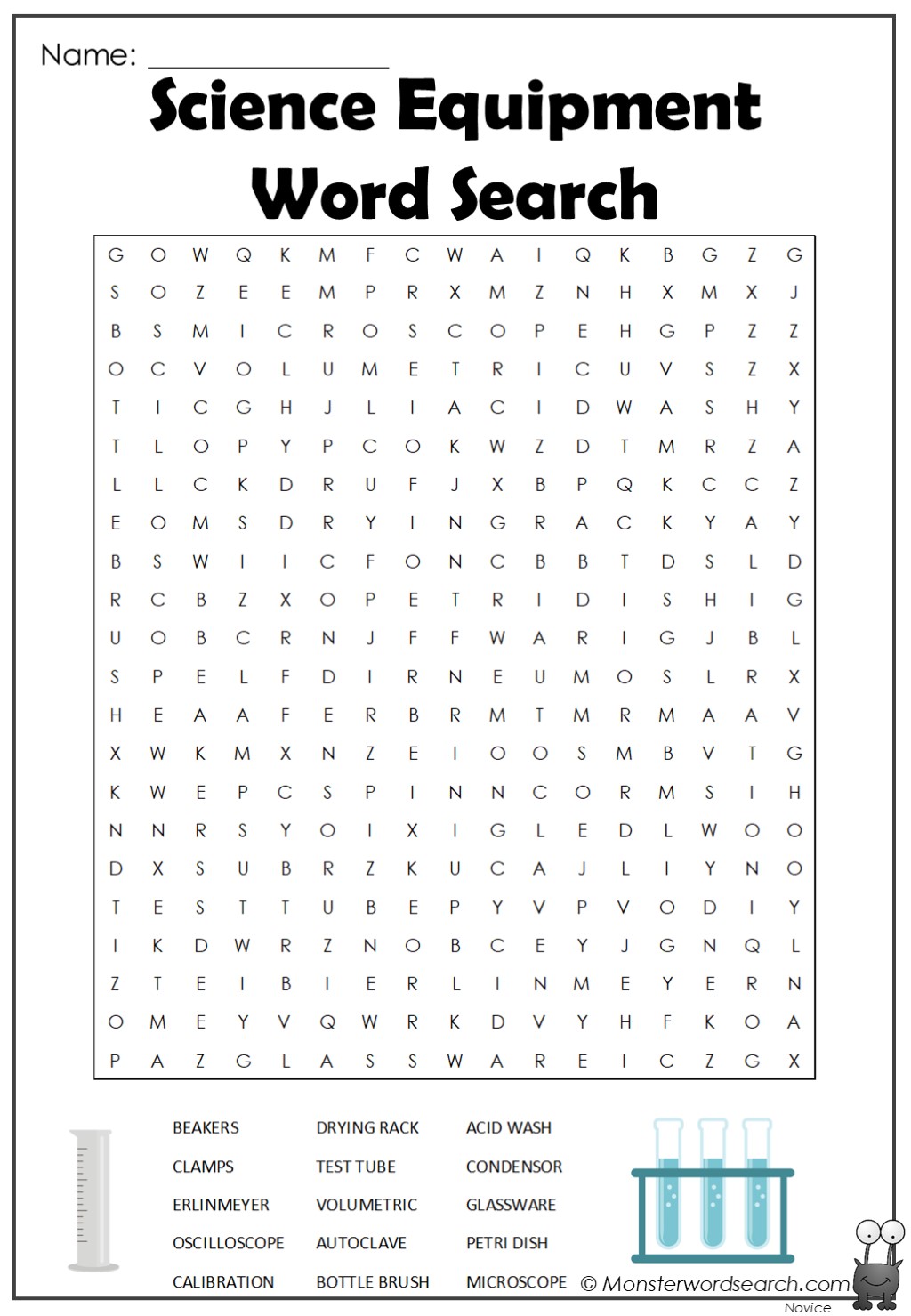 science equipment Word Search- Monster Word Search
