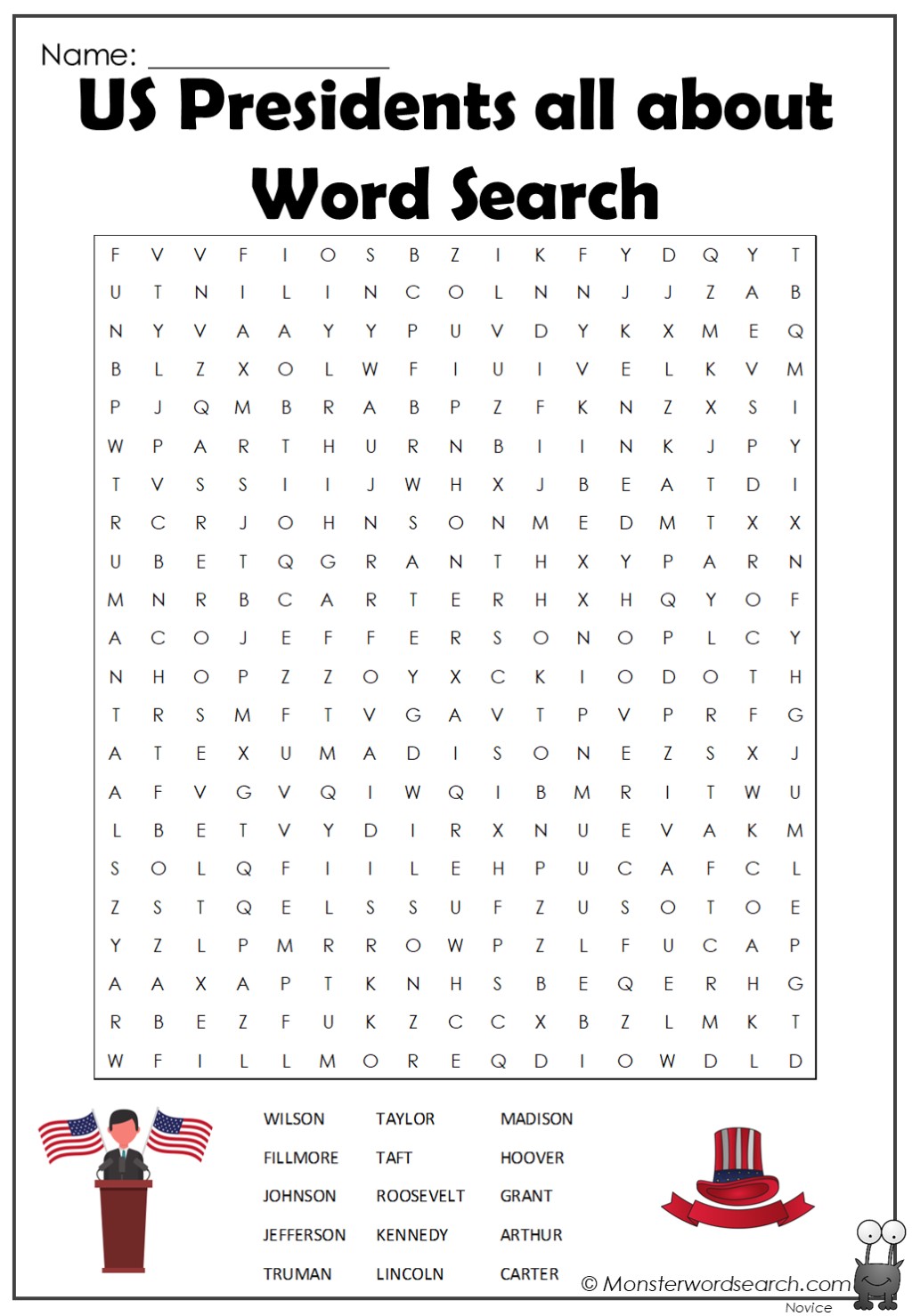 us presidents all about Word Search- Monster Word Search