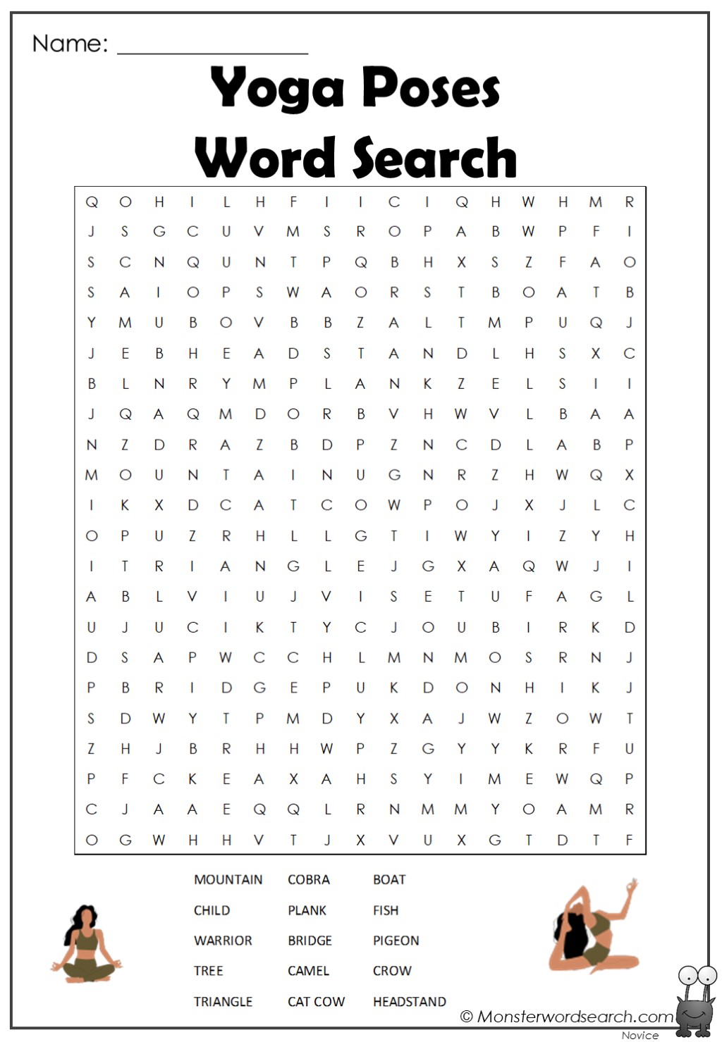 Yoga poses Word Search - Monster Word Search