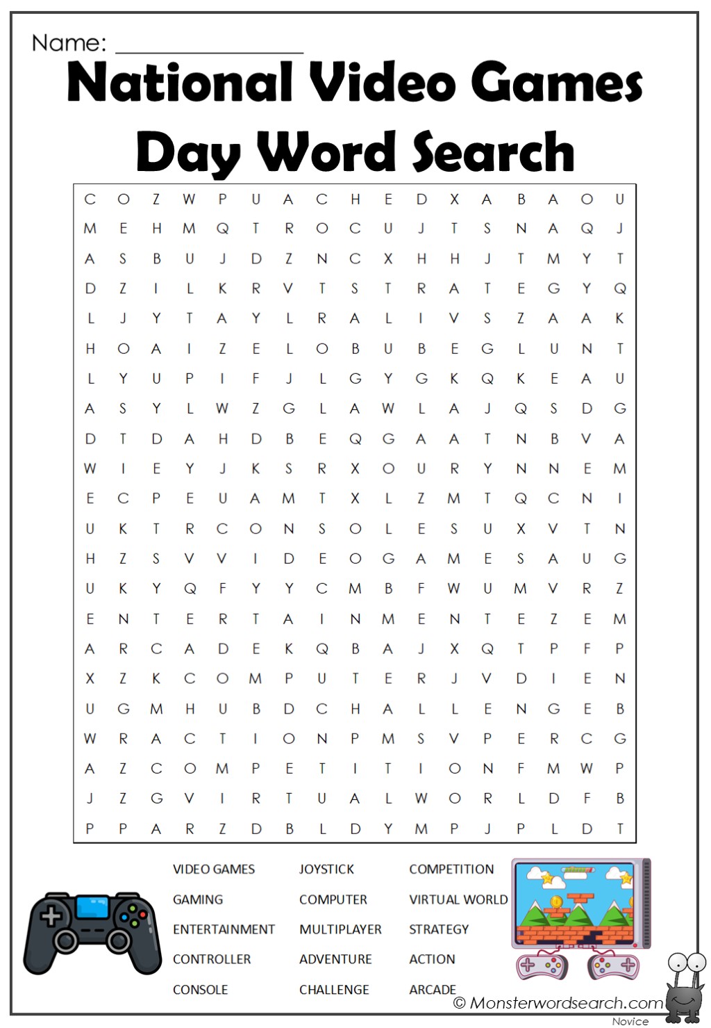 National Video Games Day Word Search - Monster Word Search